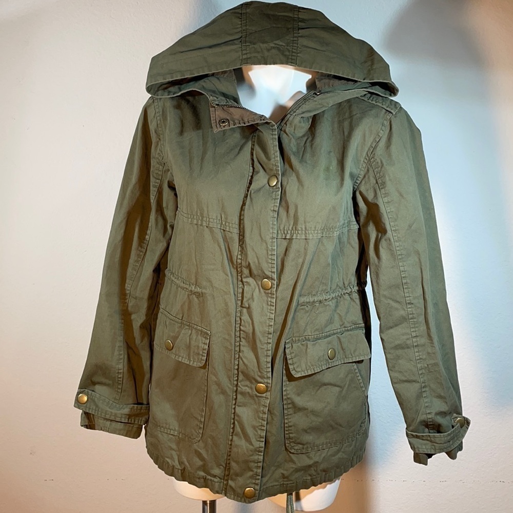 ark & co olive green, long hooded cargo jacket with a draw string waist. Medium - Picture 2 of 15